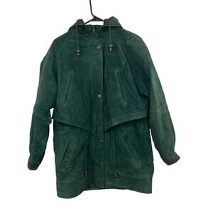 Vintage Outbrook Hooded Dark Green Suede Leather Cinch Waist Western Coat M
